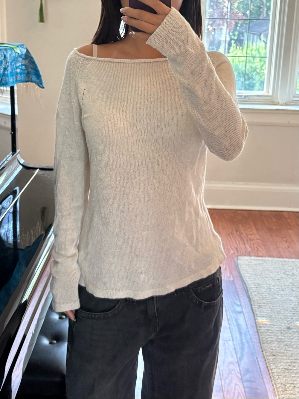 Vintage Cream Boatneck Off Shoulder Sweater Top